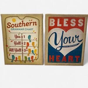 Southern Grammar and Heart Decor Set of 2 Wooden Plaques with Burlap Backing